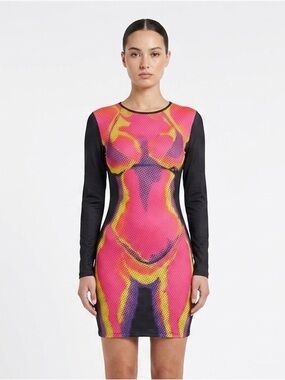 SHEIN Neon Pink & Yellow Long Sleeve Bodycon Dress with Black Sleeves - L